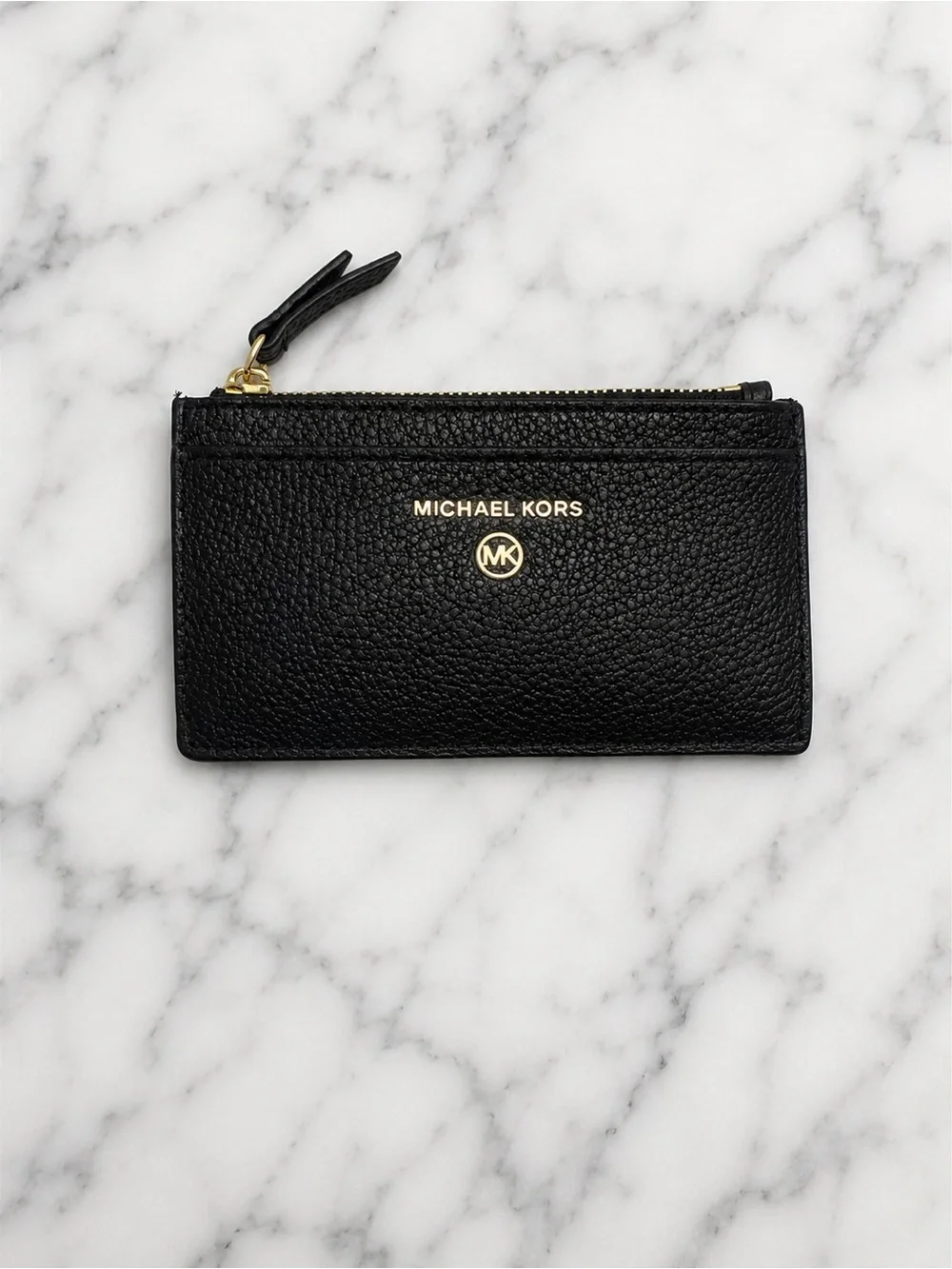 Michael Kors Black Pebbled Leather Zip Card Holder with Gold Hardware